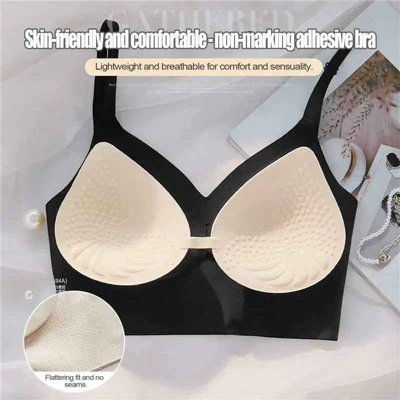 Simples Market invisible backless bra with beige cups and black band, strapless push-up adhesive