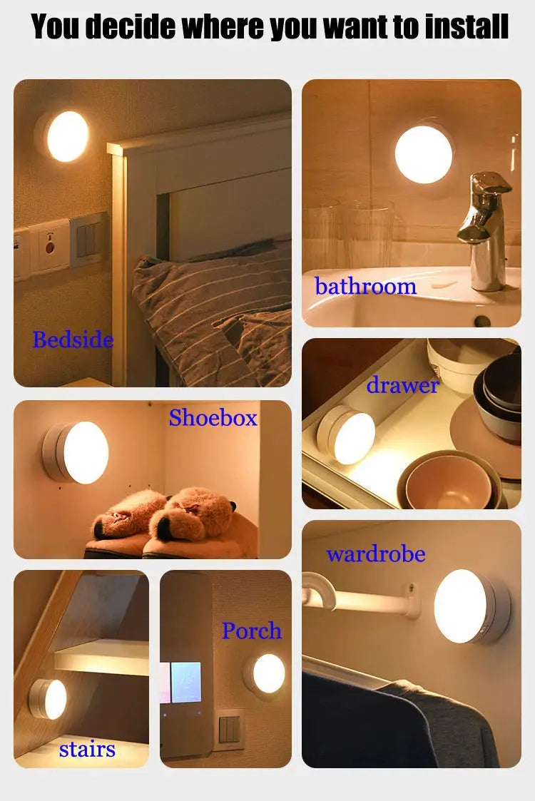 Simples Market round USB motion-sensor night light; energy-saving white LED wall lamp for bedroom, bathroom, wardrobe and other spaces.