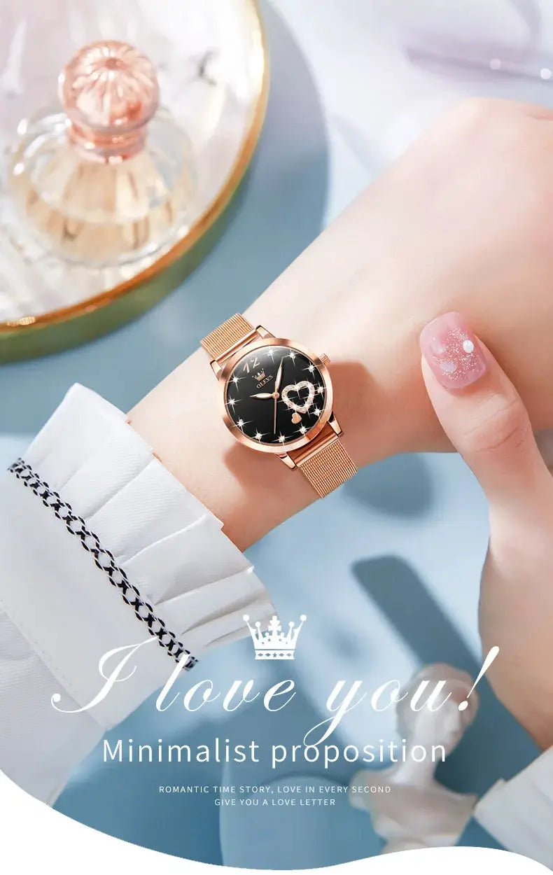 OLEVS 5189 women's quartz watch with rose-gold mesh strap and heart-design black dial