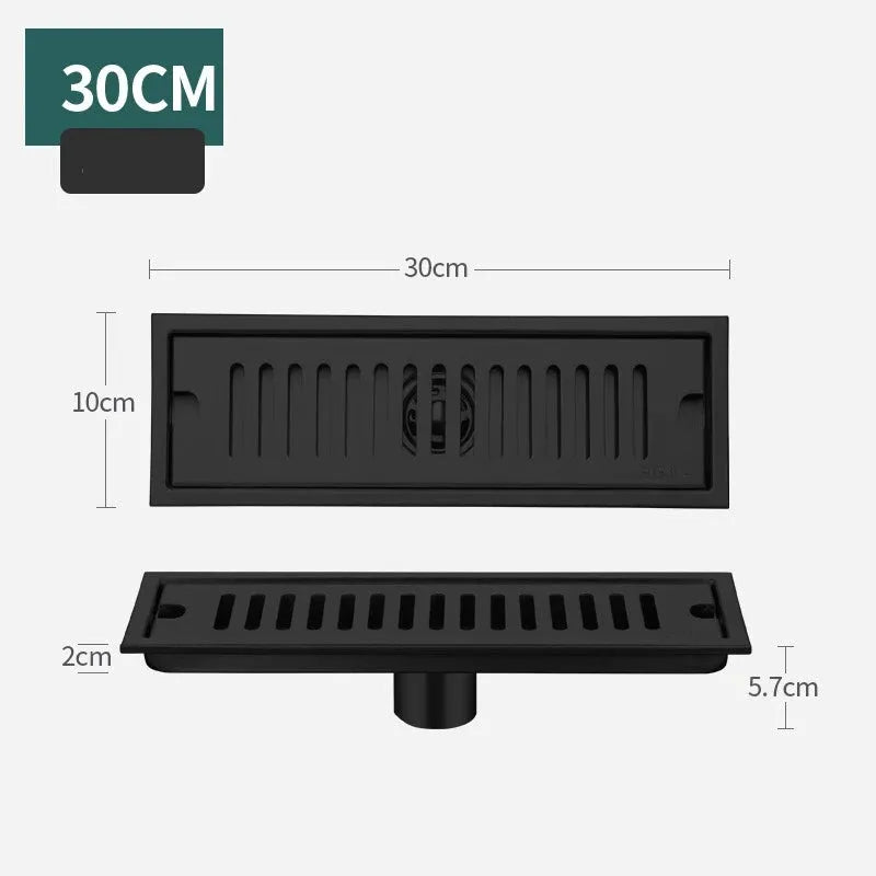Long rectangular floor drain, black finish, 30 cm, side outlet