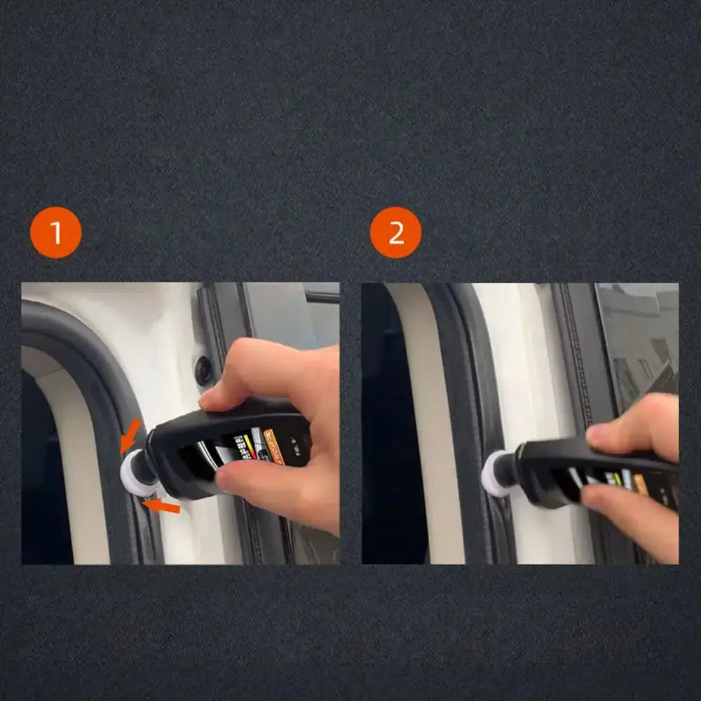 Simples Market 100ml car rubber conditioner applied to car door seal; black bottle with white nozzle (two-image sequence).