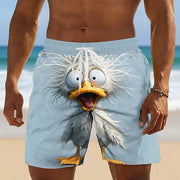 Men's light-blue quick-dry beach shorts with a 3D duck cartoon graphic and drawstring waist.