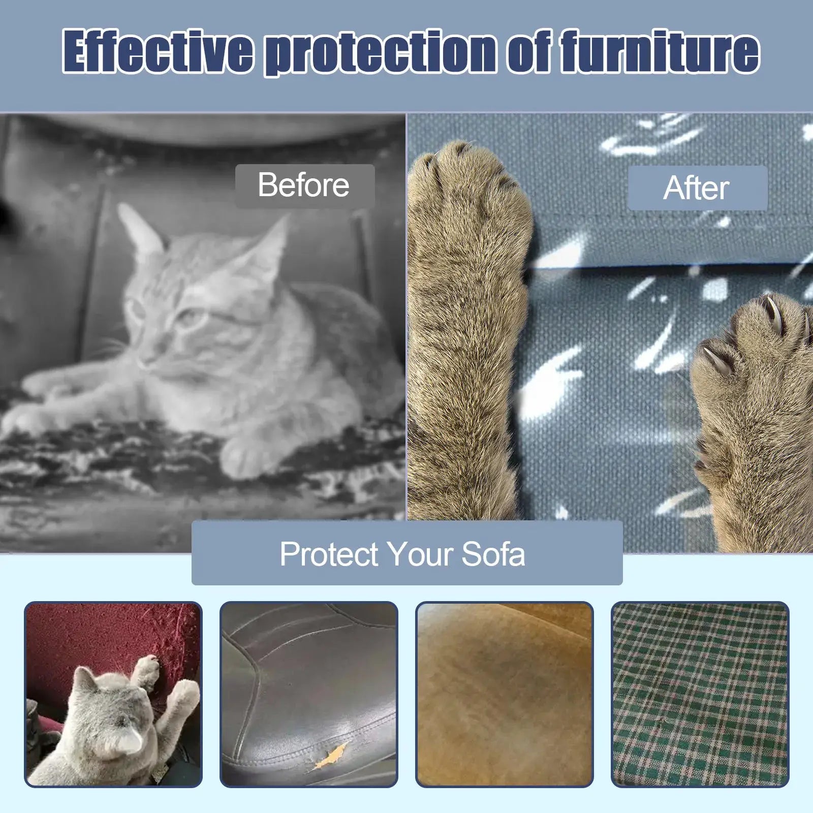 Couch cover transparent waterproof protector for cat and dog claws; before/after comparison image.