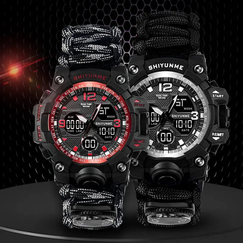 SHIYUNME men's tactical digital watches with black paracord straps, dual-time, waterproof, set of 2