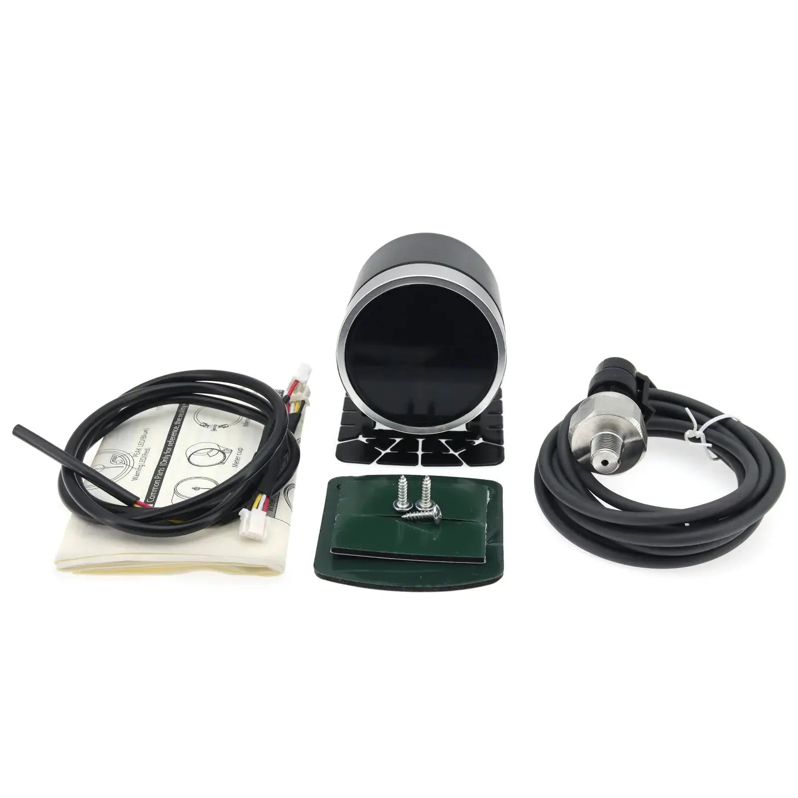 52mm universal 12V 8-color racing gauge kit with oil-pressure and temperature sensors, wiring harness, and mounting hardware.