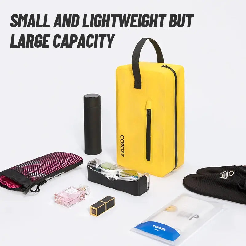 Men gym bag by Simples Market, yellow with black handle and zipper, with several accessories.