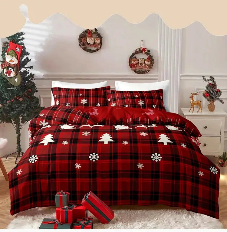 3-piece Christmas duvet cover set by Simples Market in red plaid elk snowflake design; soft, breathable fabric.