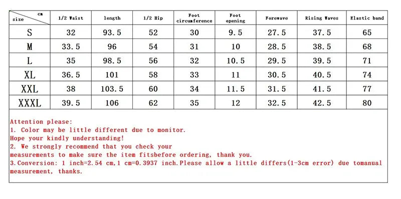 Simples Market pants size chart with waist, hip, length, and leg opening measurements (S–XXXL).