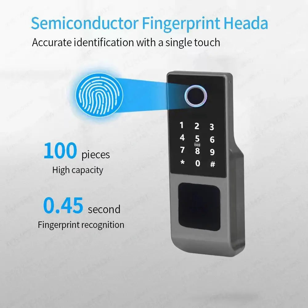Smart door lock with Tuya WiFi, fingerprint reader and keypad, gray metal body for outdoor gates