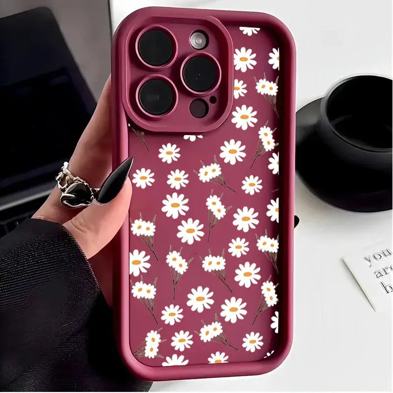 DaisyShield White Daisy Flower Silicone Case For iPhone 12 13 14 15 16 17 Full Coverage Shockproof Protection