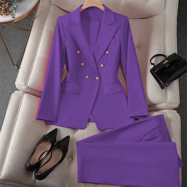 Purple women's blazer pants suit, 2-piece set with double-breasted gold buttons