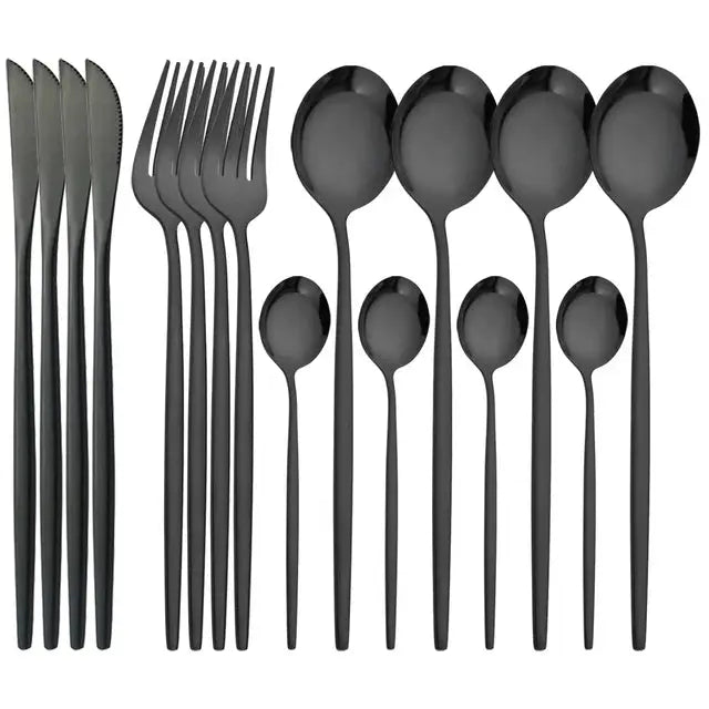 NovaLux Black Stainless Steel 16 Piece Cutlery Set With Mirror Finish For Modern Dining