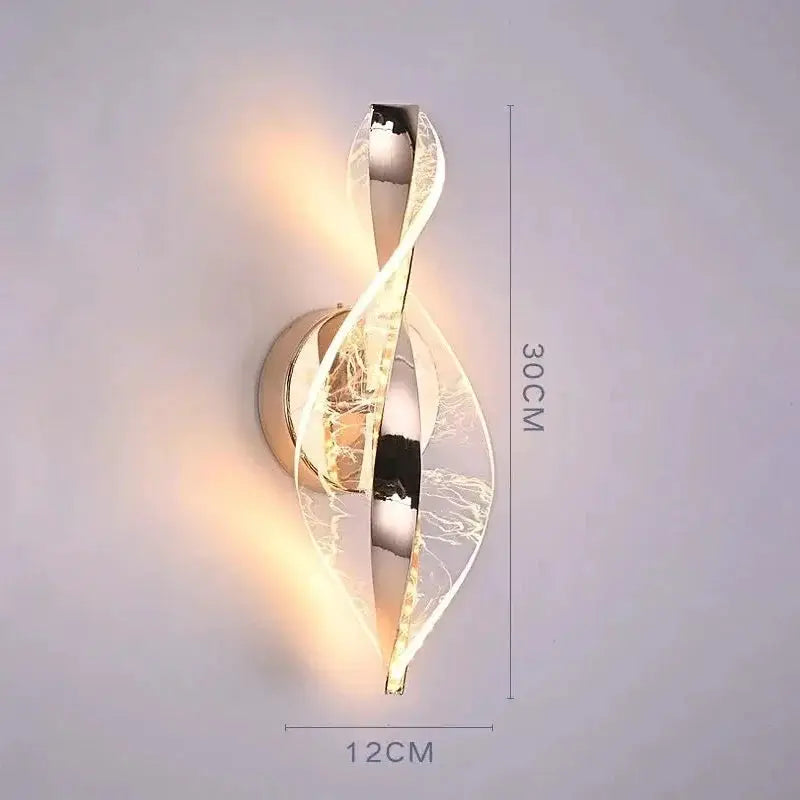 Nordic LED wall lamp with twisted acrylic ribbons and chrome mount for living room, 30cm tall, 12cm wide.