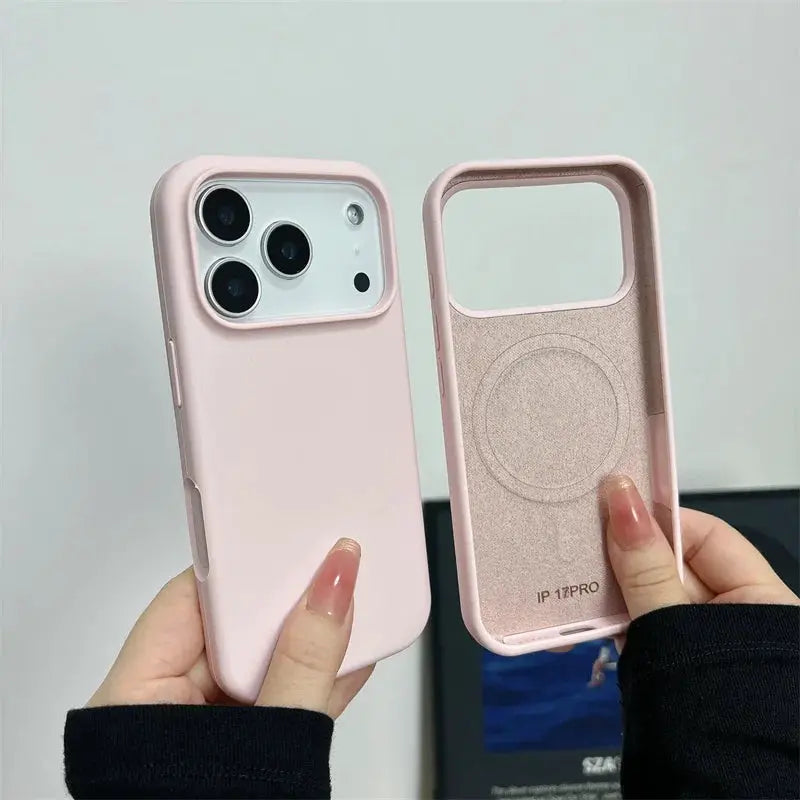 Two pink magnetic liquid silicone cases for iPhone 17 lineup with MagSafe, big camera hole, shockproof Simples Market