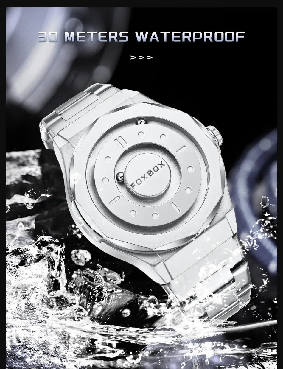 FOXBOX men's stainless steel quartz watch with metal bracelet, water-resistant 30m