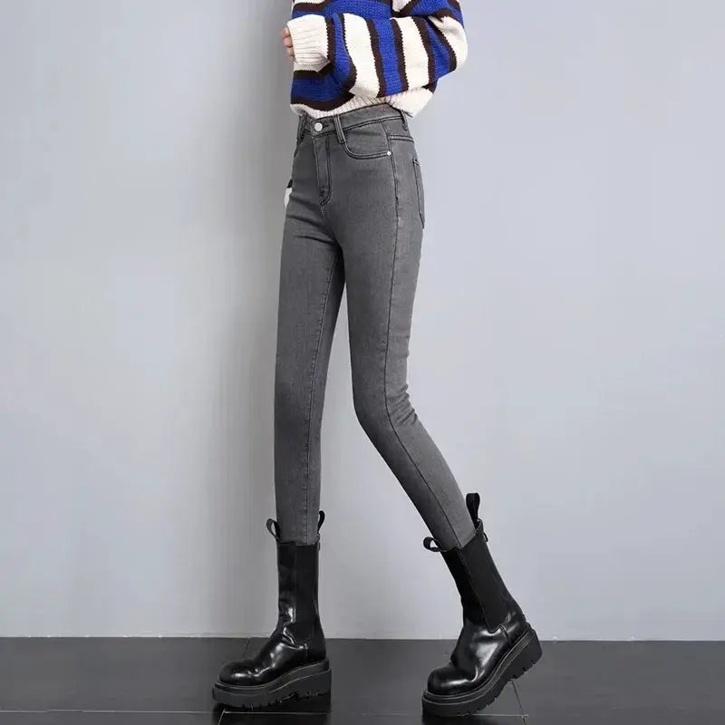 Women Thermal Skinny Jeans With Plush Lining Warm Winter Denim Pants