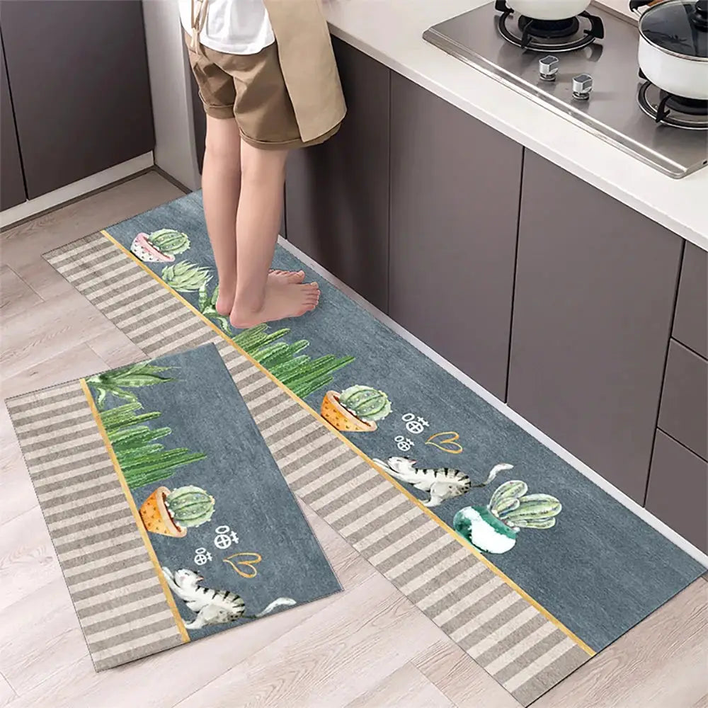 Simples Market non-slip kitchen rug runner, blue-gray with cactus motif and striped border, set of 2