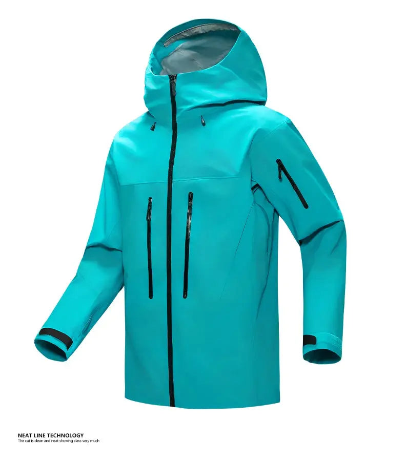 Simples Market men's turquoise windproof hooded jacket for outdoor sports, with front zip and chest pockets.
