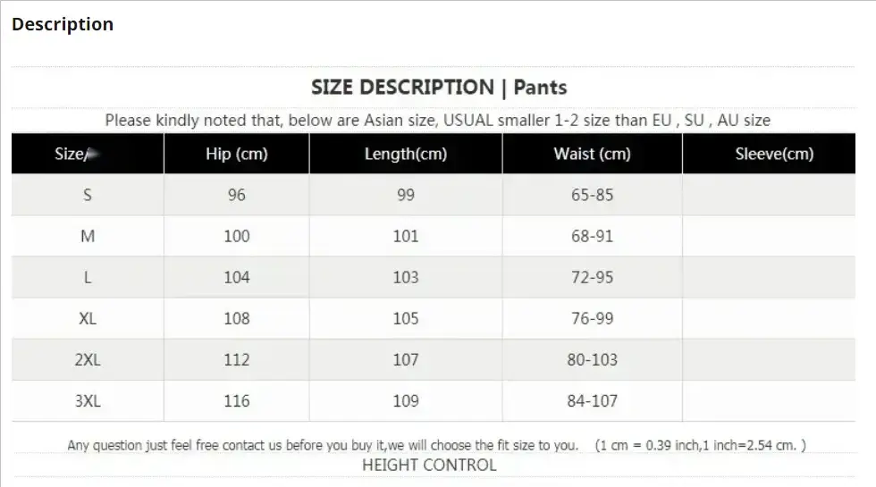 Men's casual pants size chart showing hip, length, waist and sleeve measurements for Simples Market