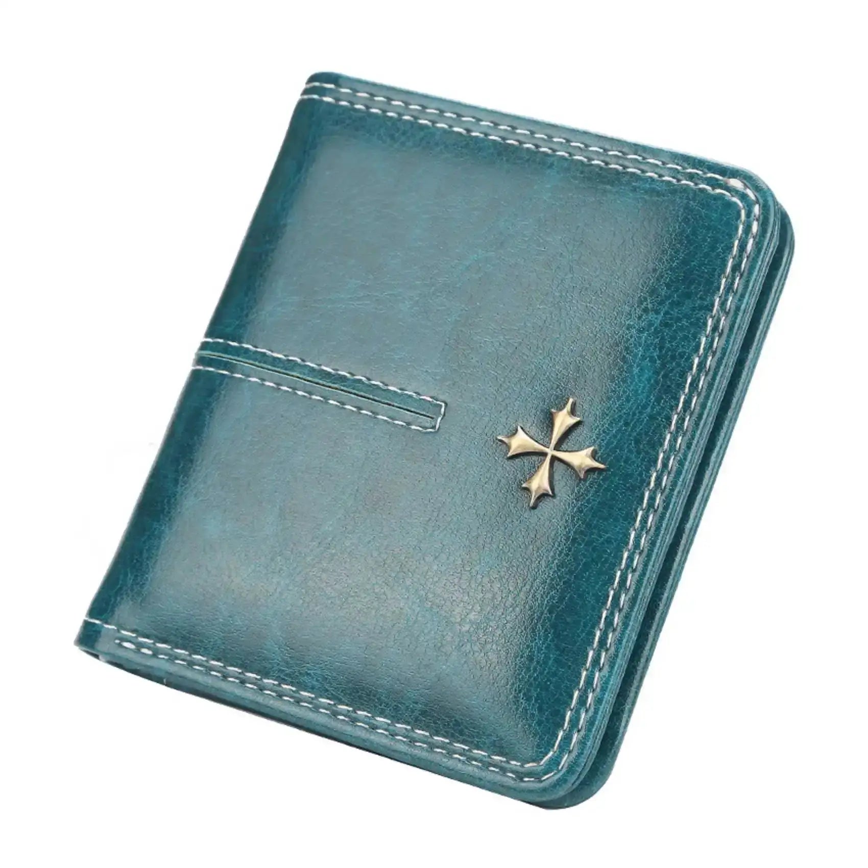 Simples Market women's teal oil-waxed PU leather wallet with multiple card slots and zipper, gold star charm