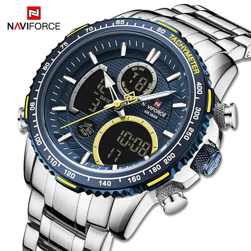 NAVIFORCE men's chronograph watch with blue dial and stainless steel band