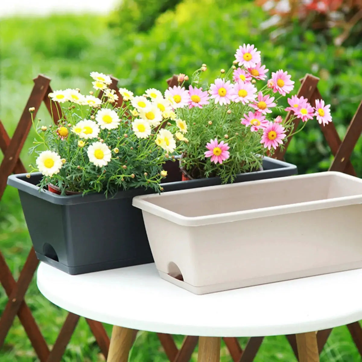 Simples Market rectangular balcony planters with trays; two plastic long flower pots in gray and beige