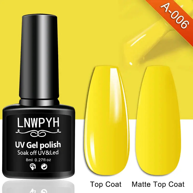 Gel nail polish kit with black UV gel bottle and two yellow swatches labeled Top Coat and Matte Top Coat