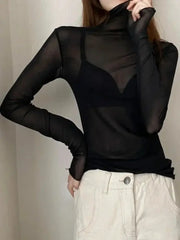 AllureMesh See Through Mesh Turtleneck Top Slim Fit Sheer Lace Crop For Bold Clubwear