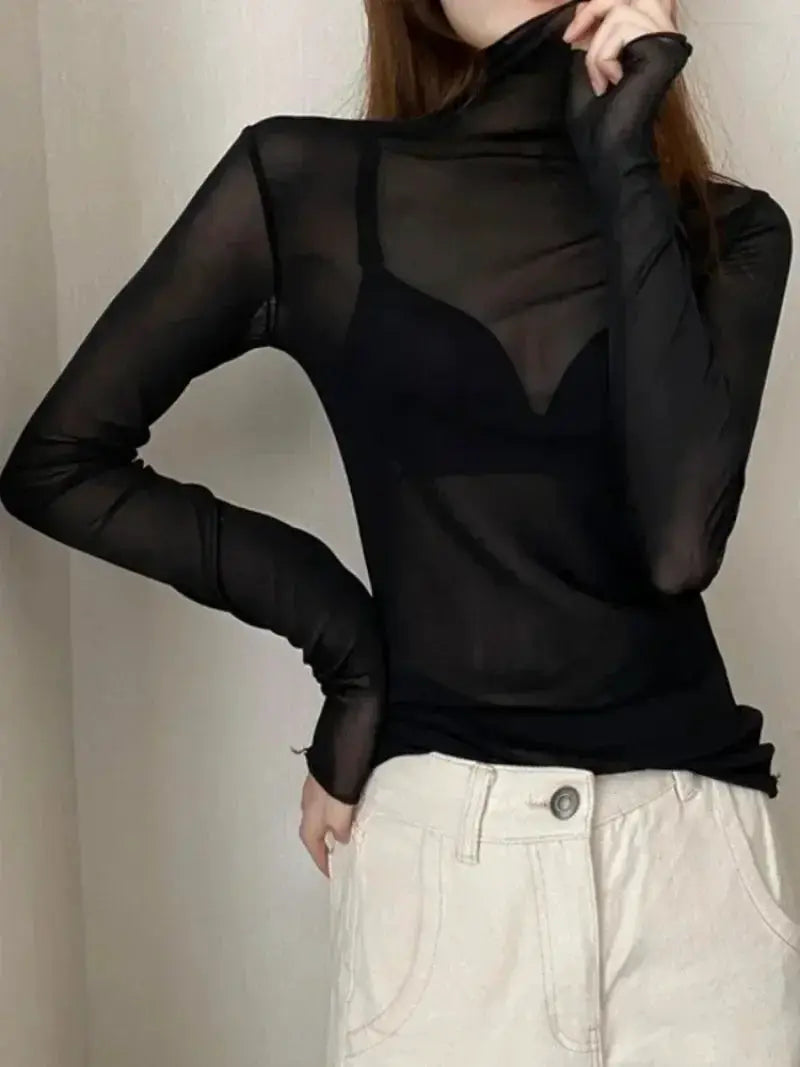 AllureMesh See Through Mesh Turtleneck Top Slim Fit Sheer Lace Crop For Bold Clubwear