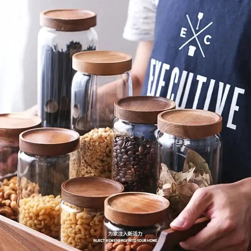 Glass Canister Set With Wooden Lids Airtight Jars For Kitchen Storage Cereal Dispenser And Pantry Organization