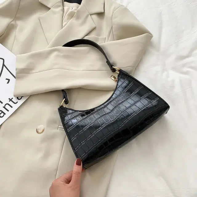 Alligator-pattern PU leather handbag by Simples Market, black, small underarm messenger bag