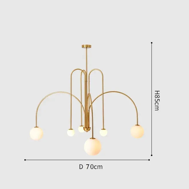 Simples Market Nordic Minimalist Pendant Light, gold metal chandelier with curved arms and white globe bulbs, 85 cm H x 70 cm D.