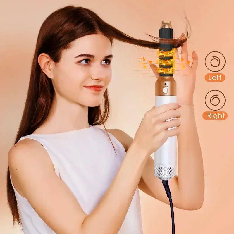 Hair Dryer 5-In-1 electric hair comb with negative ions, gold and white finish, Simples Market for versatile home styling