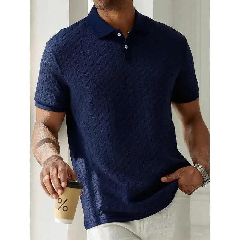 Men's navy polo shirt by Simples Market with short sleeves and subtle knit texture