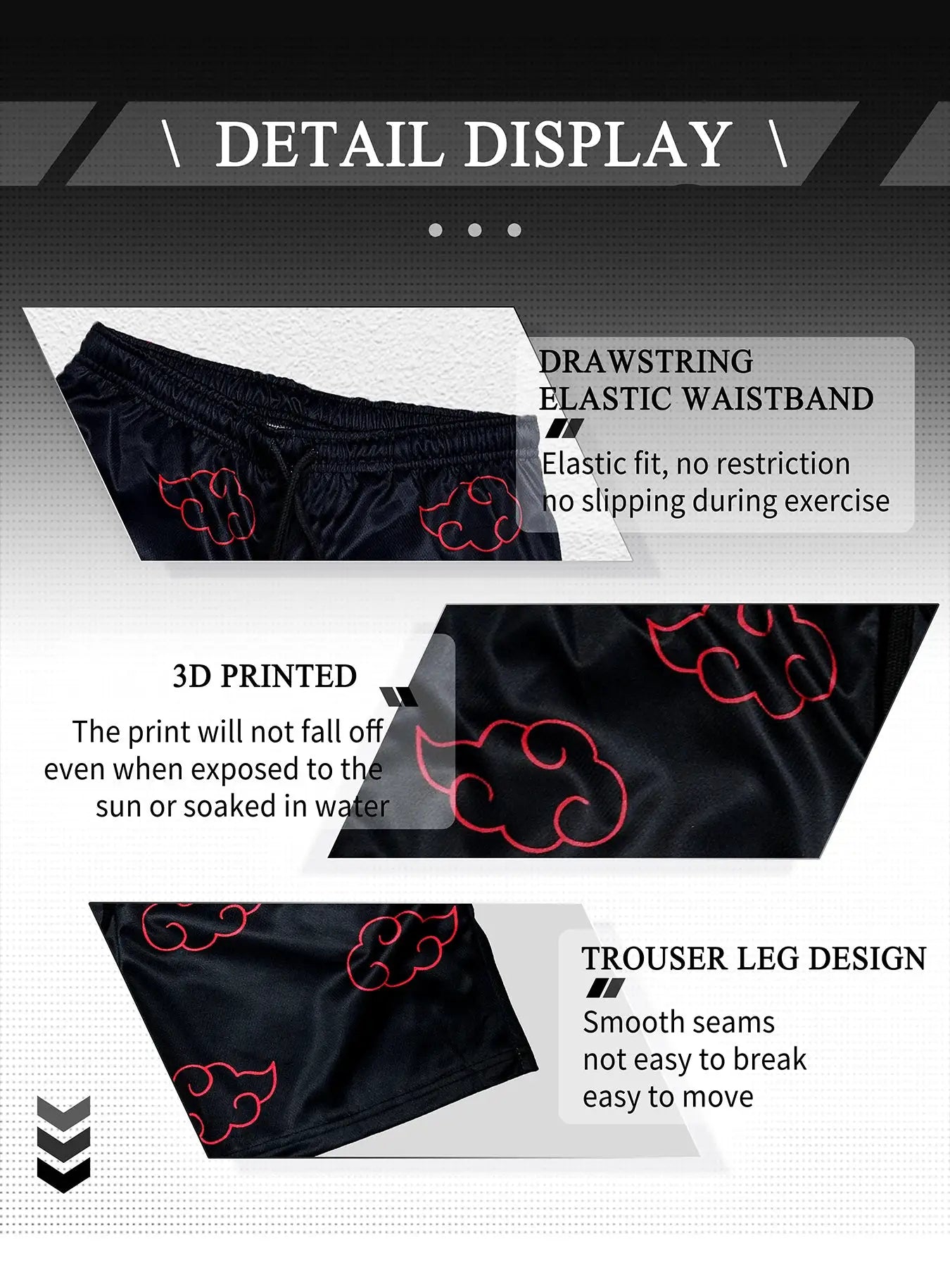 Anime running shorts for men from Simples Market, navy quick-dry fabric with red cloud print