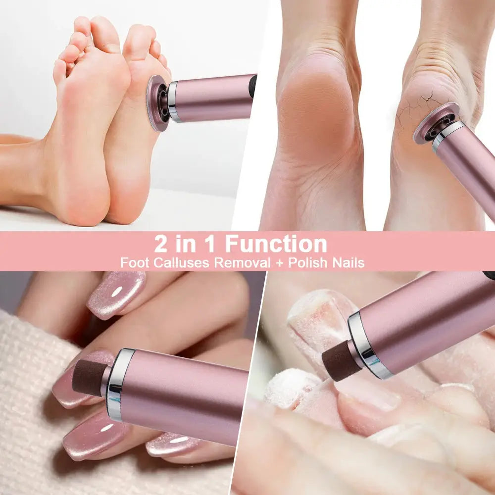 Electric pink foot callus remover with replaceable sanding heads for heels