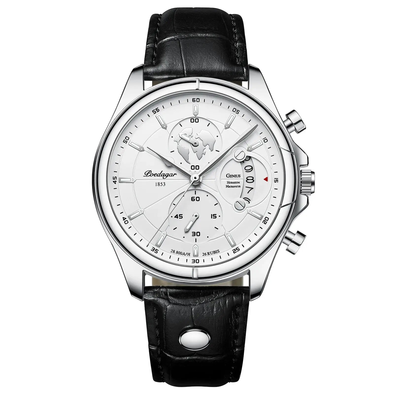 Poedagar men's chronograph watch with silver case, white dial, black leather strap