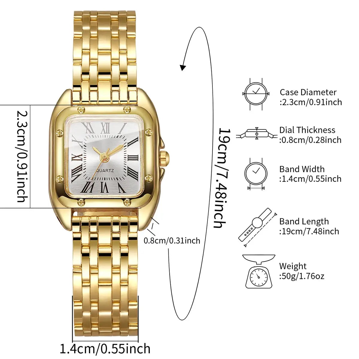 Luxury square gold-tone women's quartz watch by Simples Market with Roman numeral dial