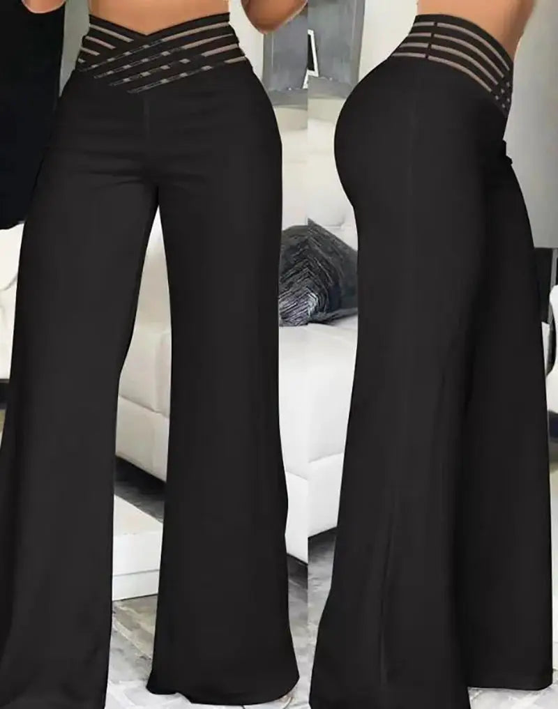 NovaMode Women Flared High Waist Office Pants Wide Leg Trousers With Crisscross Sheer Mesh Patch Elegant Comfort