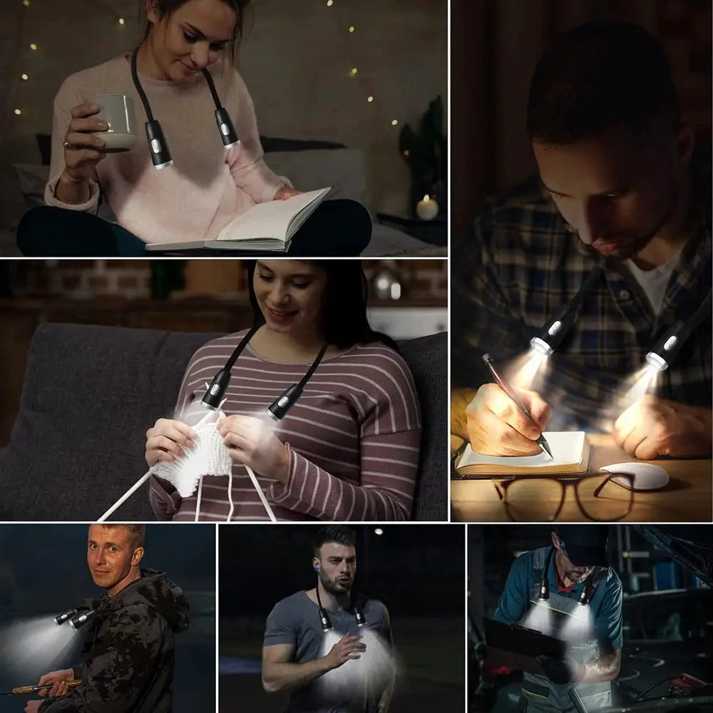Simples Market black LED neck-hanging reading light with dual USB-rechargeable heads, shown on seven people in a collage