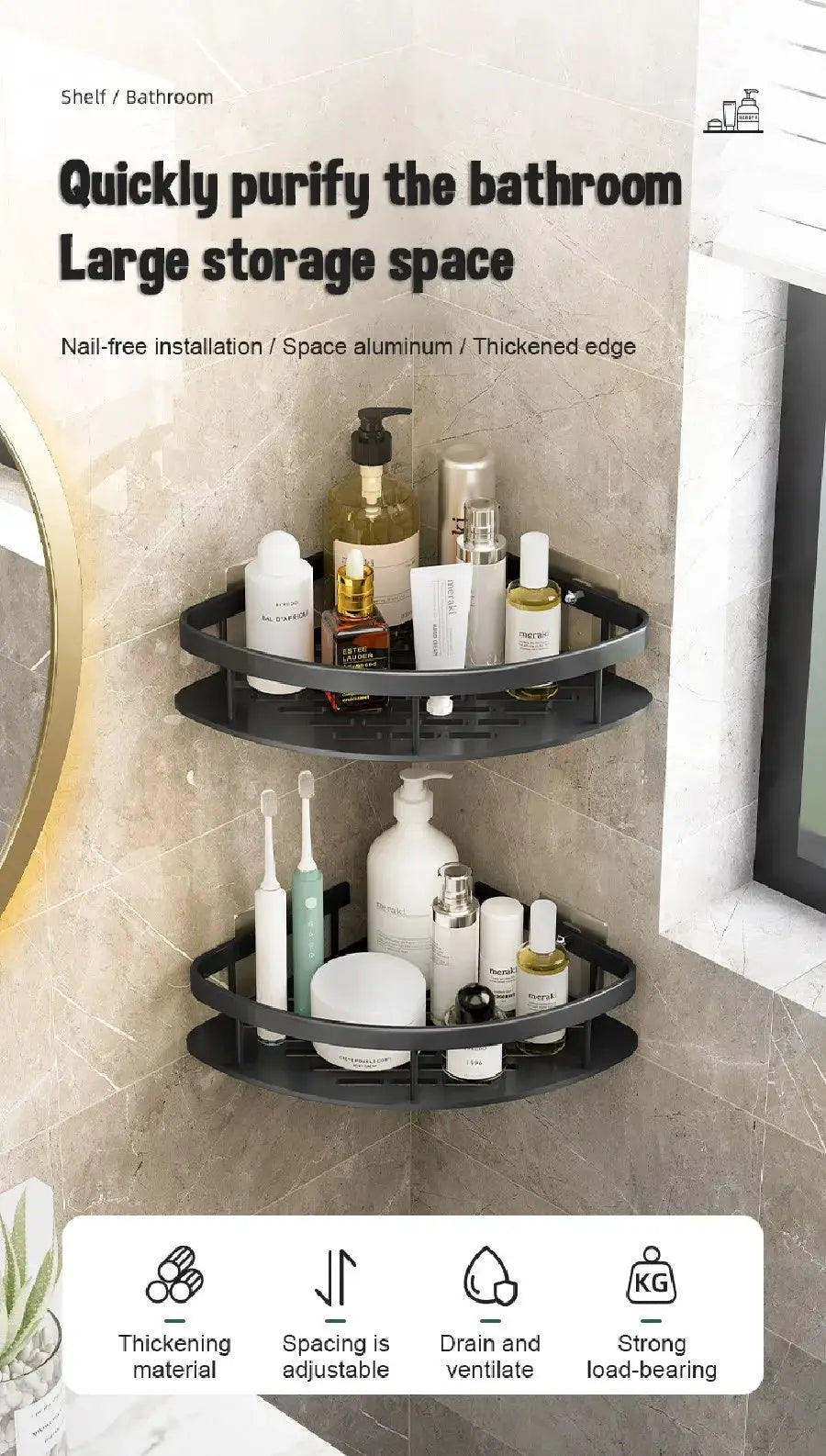 Round wall-mounted bathroom corner shelves (set of 2) in space aluminum with toiletries