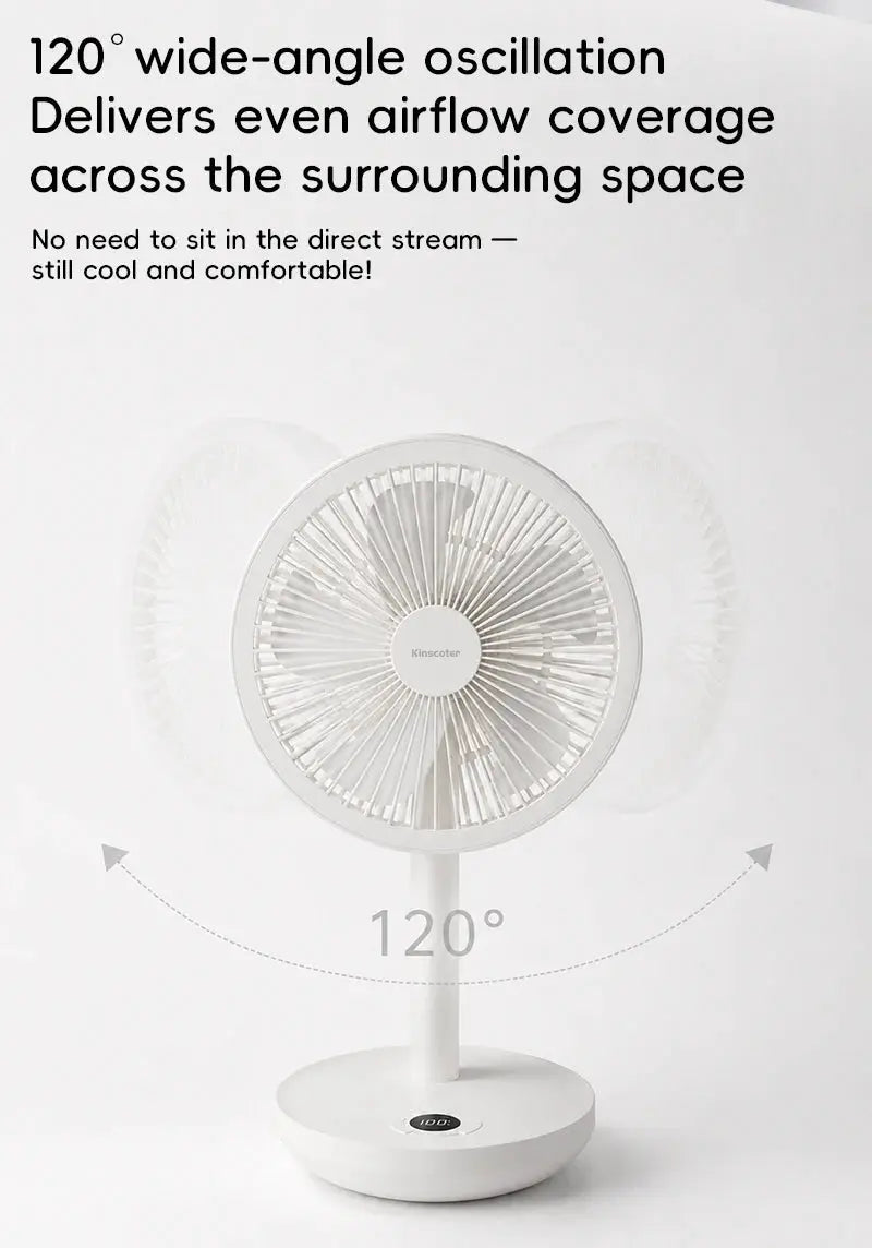 KINSCOTER white desk fan with 120° oscillation, USB rechargeable, angle adjustable