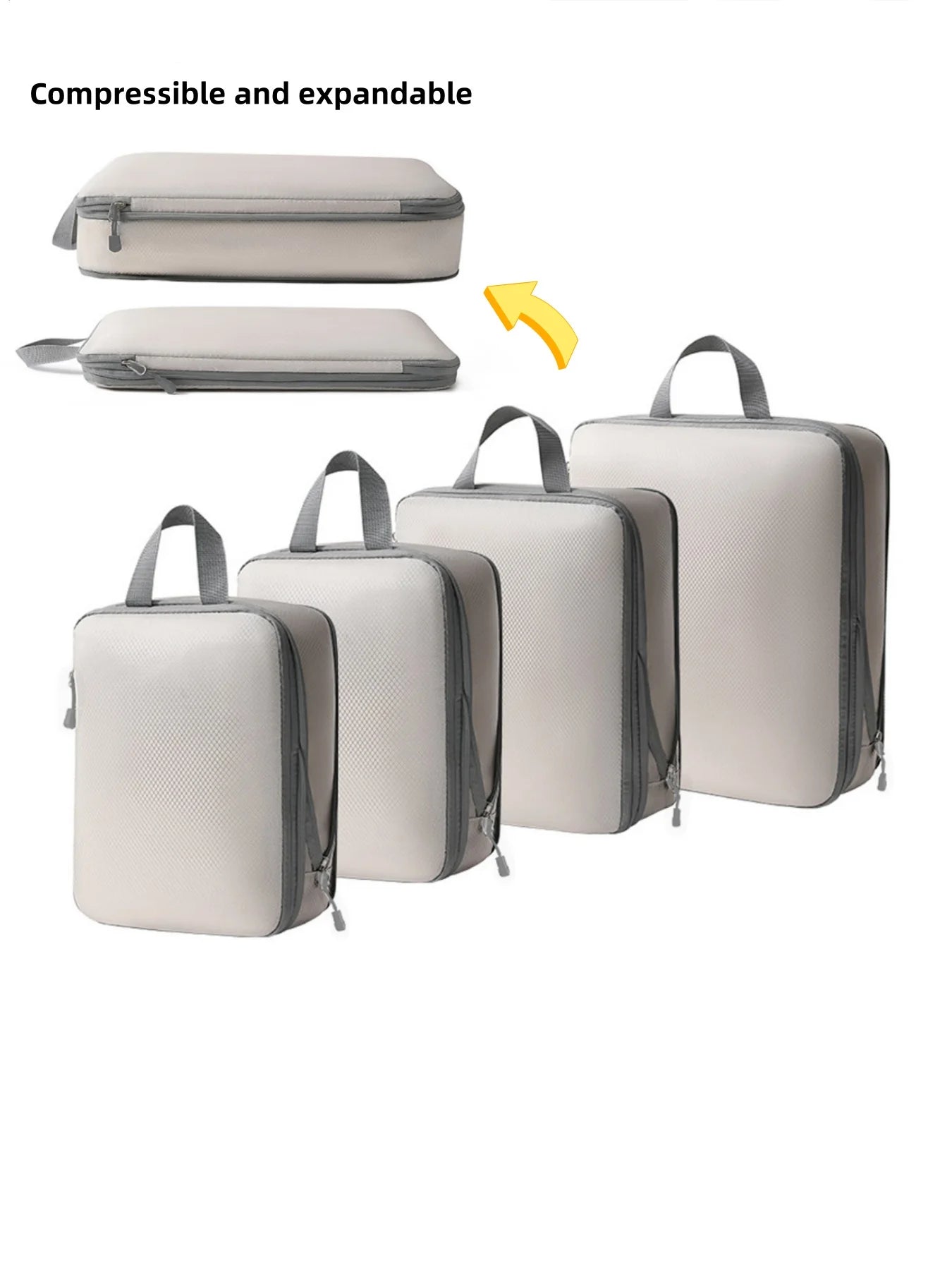 Simples Market 4-piece beige waterproof compression packing cubes set with gray zippers and handles