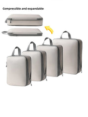 Simples Market 4-piece beige waterproof compression packing cubes set with gray zippers and handles