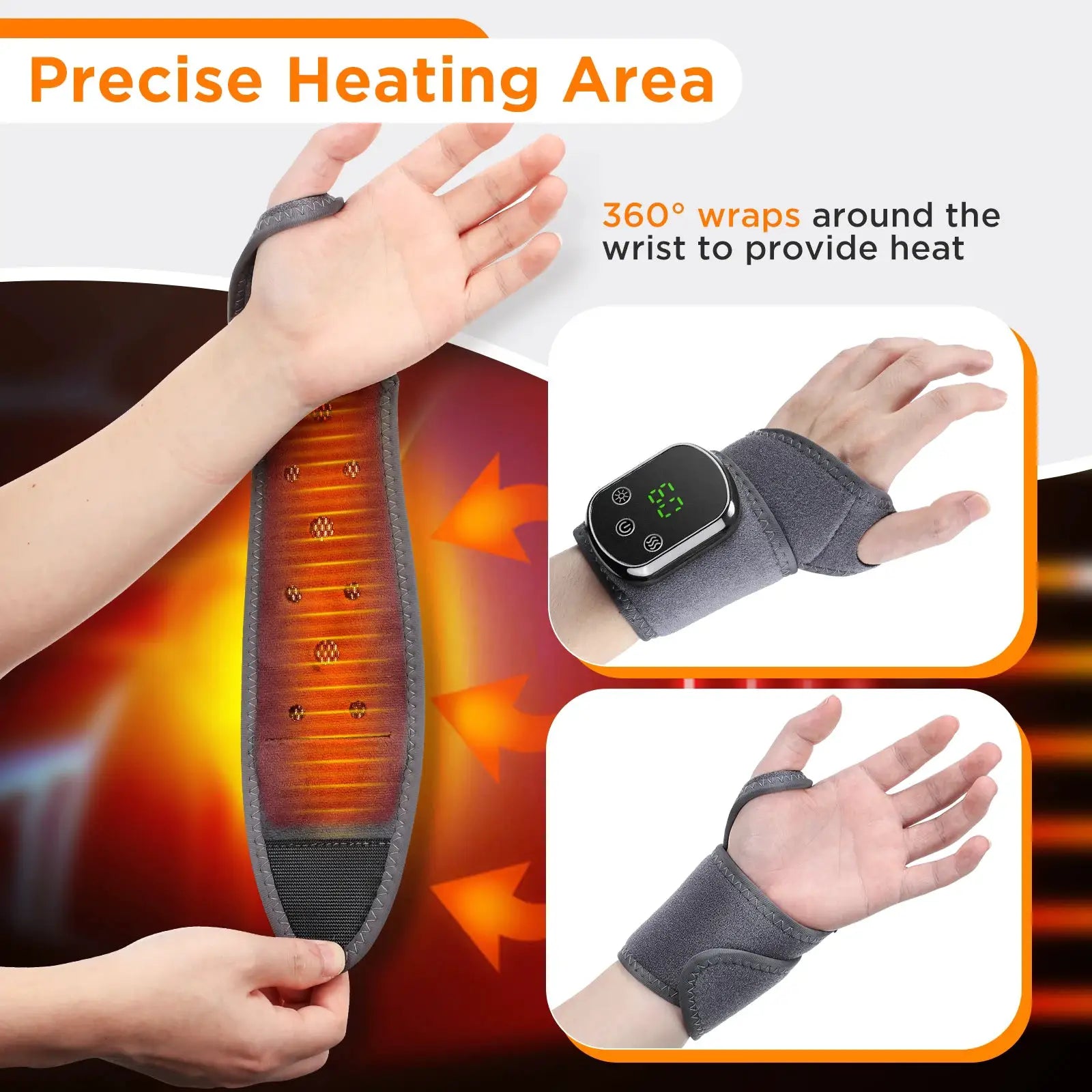 Simples Market cordless wrist hand heated massager with 360° wrap and digital control on a gray fabric strap