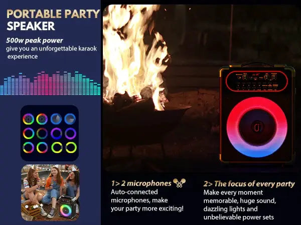 S68 Kara Ok portable Bluetooth speaker with 2 microphones by Simples Market, rainbow LED ring lights