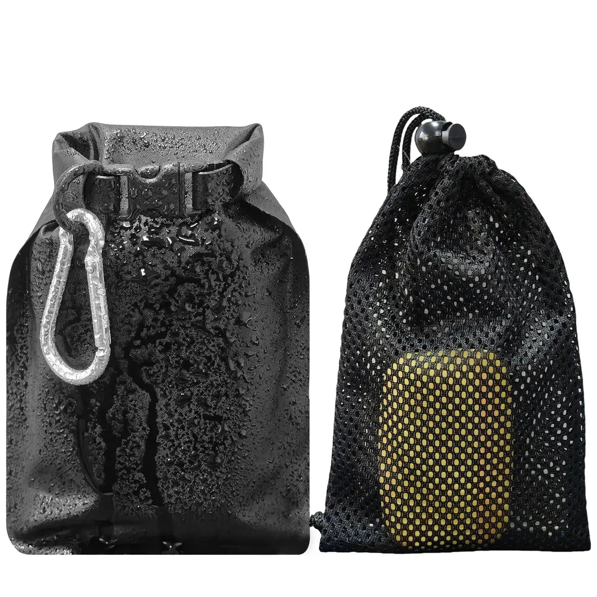 Soap Bar Case 2-pack by Simples Market – waterproof travel case with carabiner and black mesh pouch showing yellow soap
