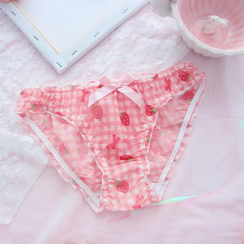 Panties: pink strawberry-pattern mesh with lace trim and bow, Simples Market intimate underwear