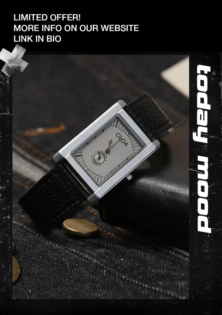 CILOA square quartz watch with black leather strap and silver case.