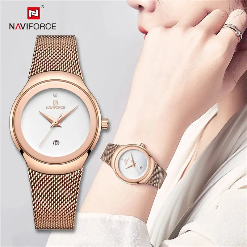 NAVIFORCE women's rose-gold stainless steel mesh watch with date window